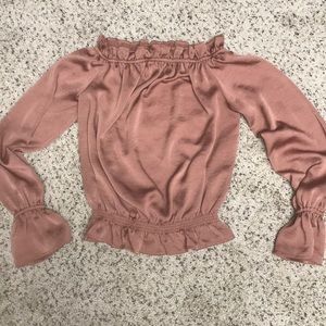 Express “Off the Shoulder” Rose Gold Ruffle Top